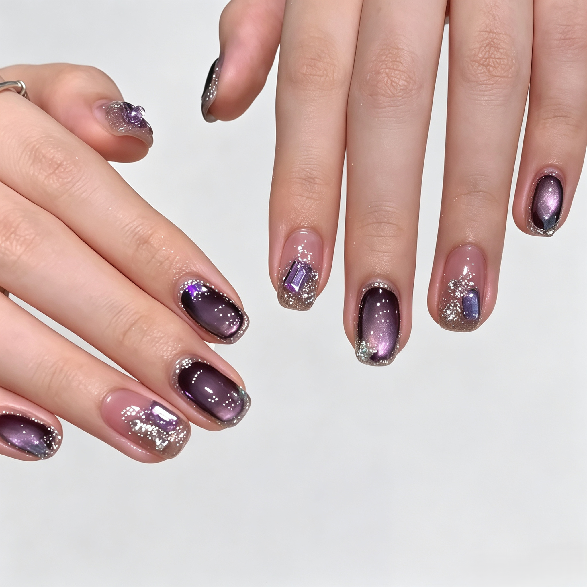 Purple Sparkle Cat Eye Press On Nails | Handmade Chrome Glitter Set