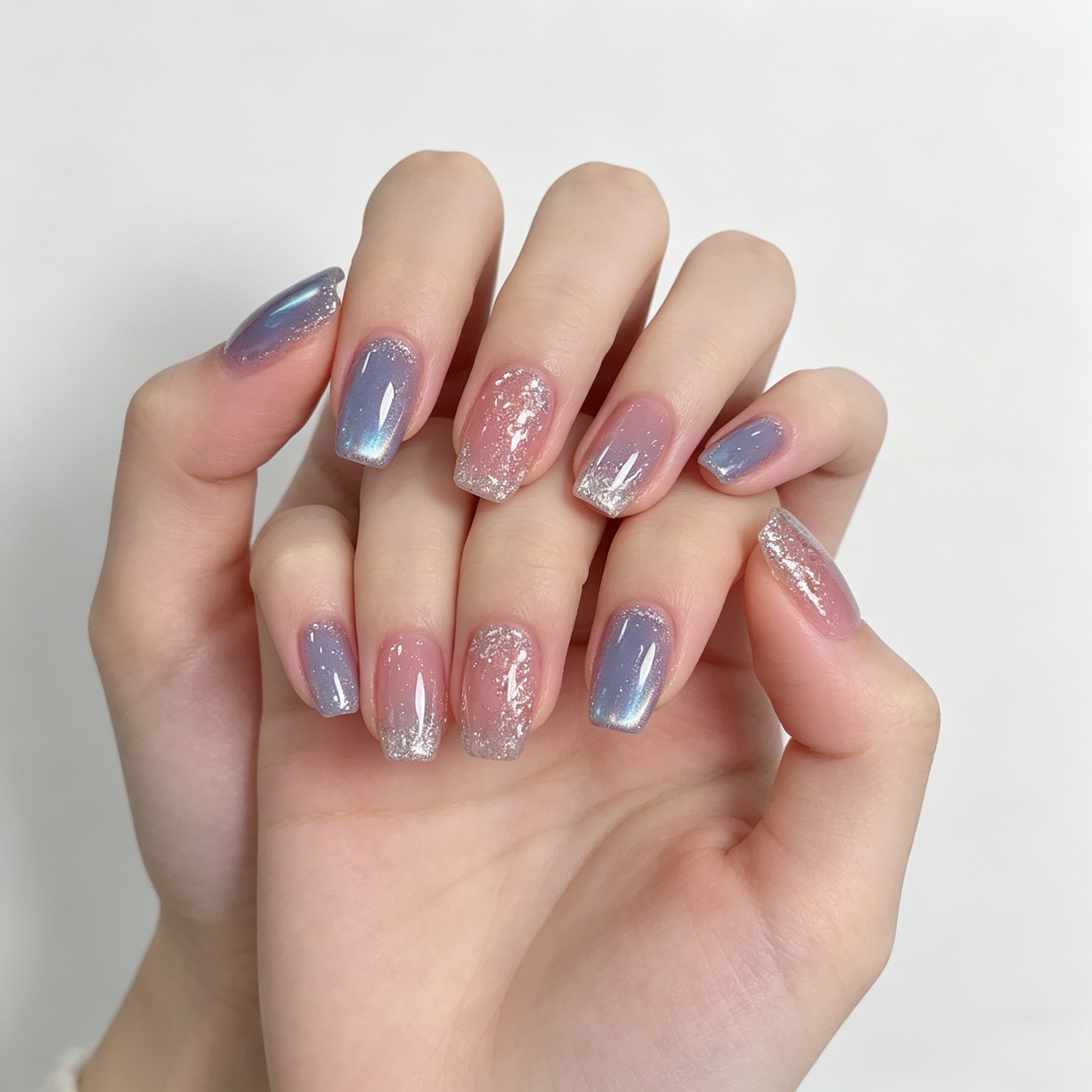 Icy Blue Cat Eye Press On Nails | Handmade Short Shimmer Set