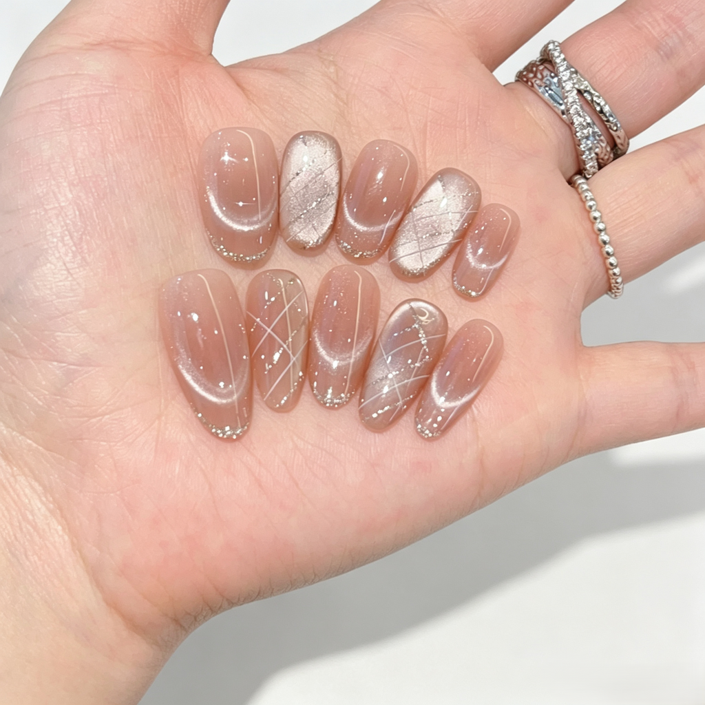Nude Blush Cat Eye French Tip Press On Nails | Minimalist Handmade Set