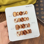 Vintage Brown Maple Leaf Cat Eye Press On Nails, Handmade Fall Gold Foil Aesthetic Nails.EP-0006