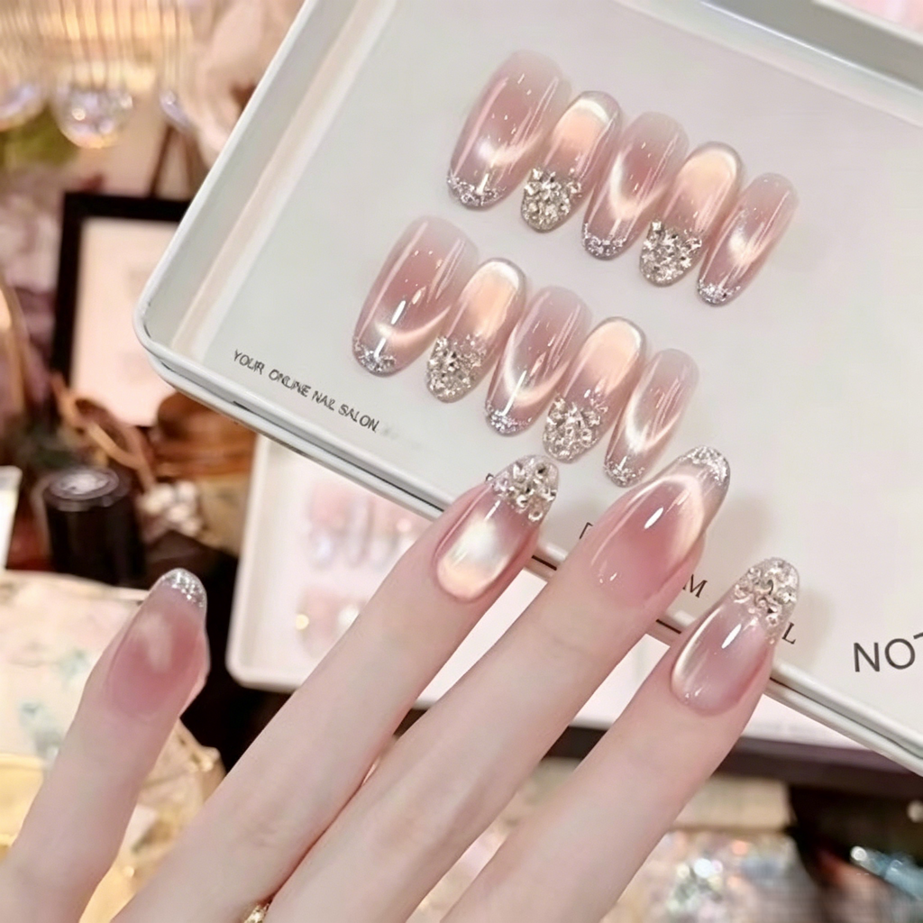 No Regrets Handmade Press On Nails Nude Clear Glass Pearl Luxury Transparent Skin-Friendly Premium False Nails.EP-0007
