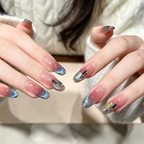 Sparkling Blue Cat Eye Press On Nails Rhinestone Long Bridal Wedding Handmade False Nails.EP-0011