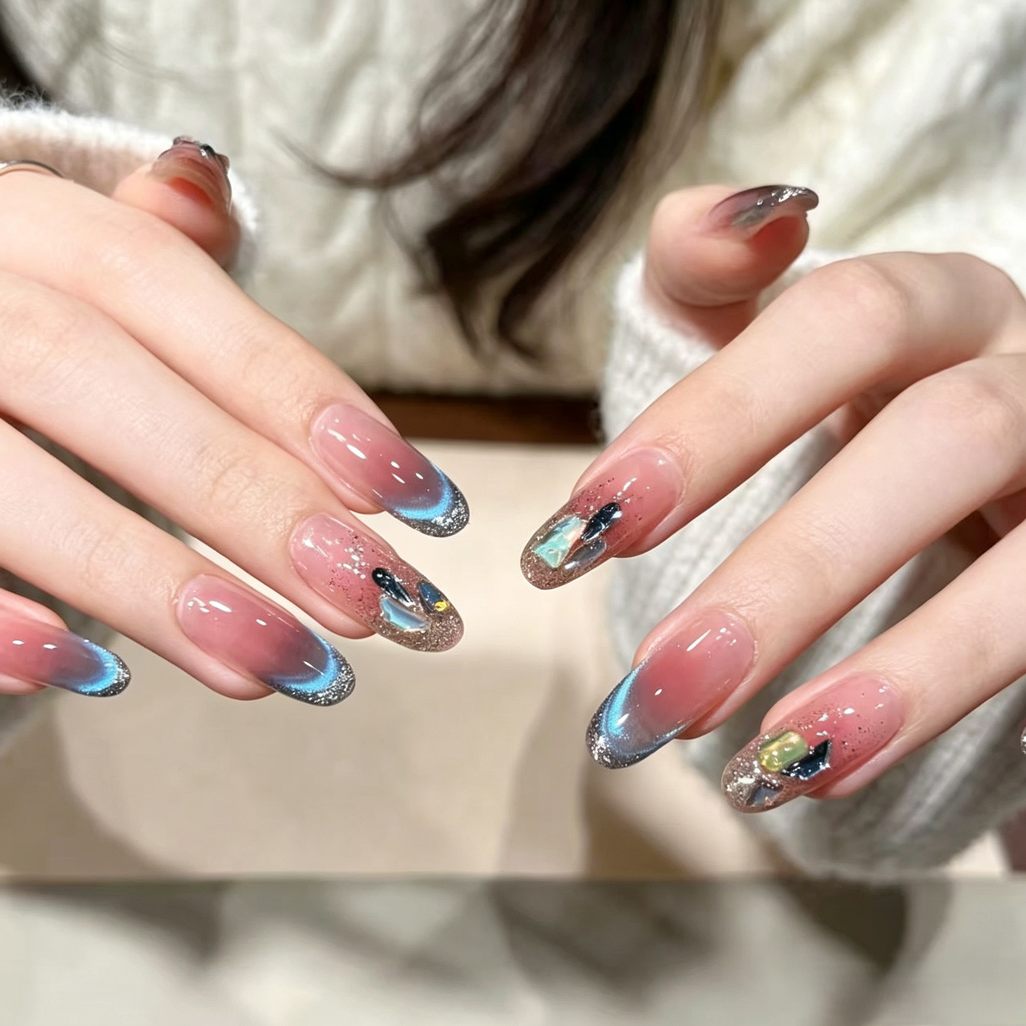 Sparkling Blue Cat Eye Press On Nails Rhinestone Long Bridal Wedding Handmade False Nails.EP-0011