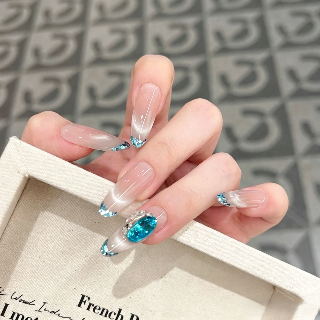 Blue Dopamine Handmade Press On Nails Ice Clear Blue Diamond Cat Eye Nail Art.EP-0009