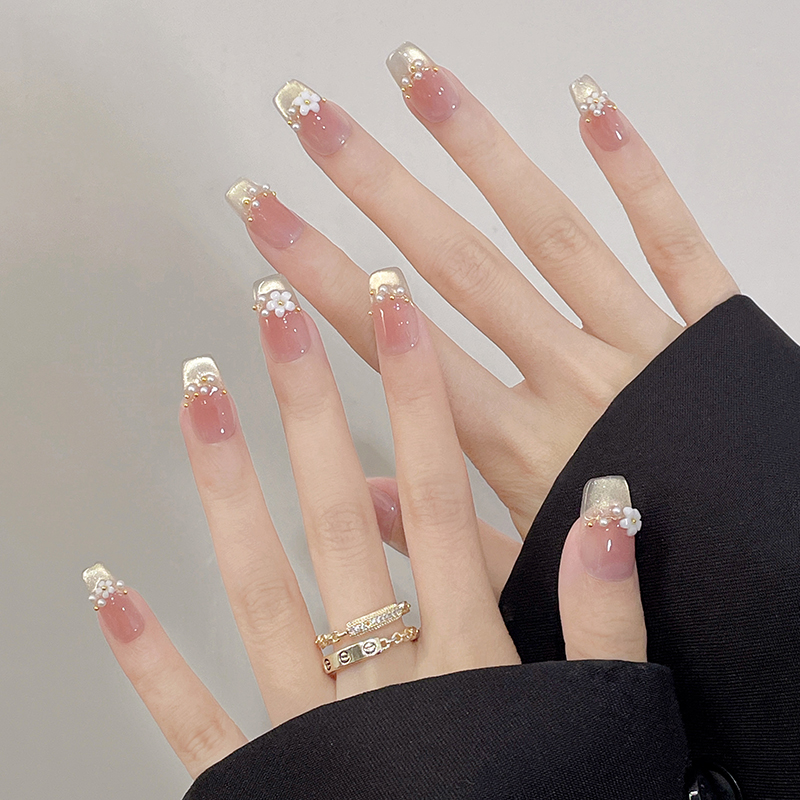 Cold Tone Cat Eye Press On Nails, Handmade Gold Foil Rhinestone Glitter Luxury Nails.EP-0004