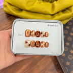 Vintage Brown Maple Leaf Cat Eye Press On Nails, Handmade Fall Gold Foil Aesthetic Nails.EP-0006
