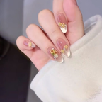 Oriental Floral Nude Press On Nails, Luxury Long Nails with Gold Zircon, Elegant Chinese Style Nail Art.EP-0001